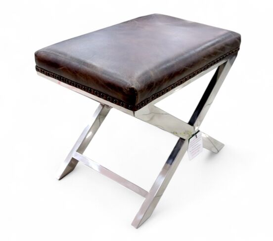 Distressed Tobacco Brown Leather Metal Cross Footstool
