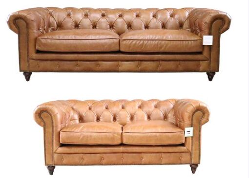 Earle Chesterfield 3+2 Distressed Nappa Caramel Brown Leather Sofa Suite