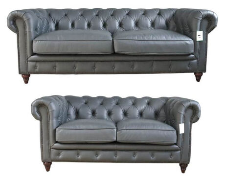 Earle Chesterfield 3+2 Distressed Nappa Grey Real Leather Sofa Suite