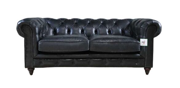 Earle Chesterfield Black Leather Sofa 2 Seater