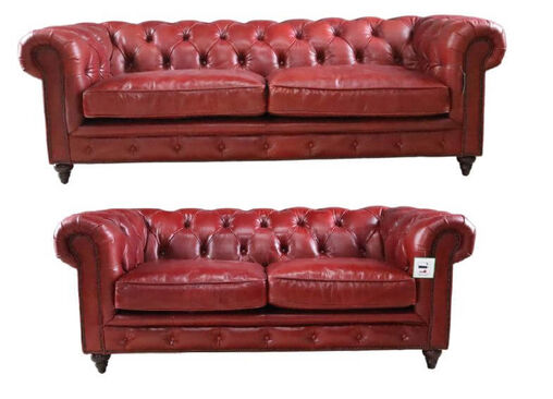 Earle Chesterfield Vintage 3+2 Distressed Rouge Red Leather Sofa Suite