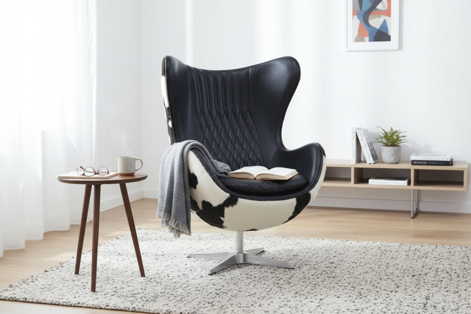 Egg Chair Hair On Hide Leather Swivel Black Armchair