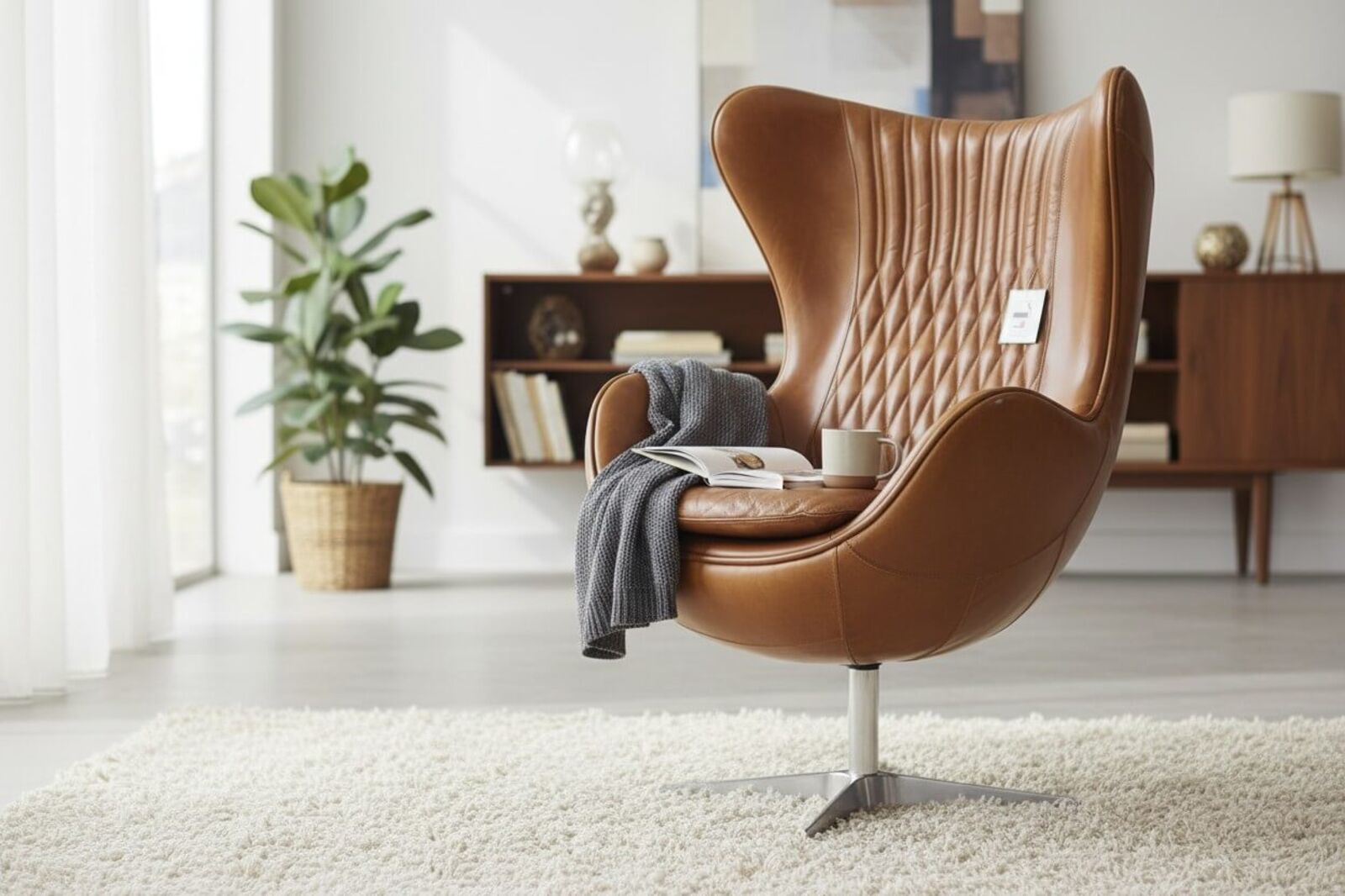 Egg Swivel Leather Chair Vintage Tan