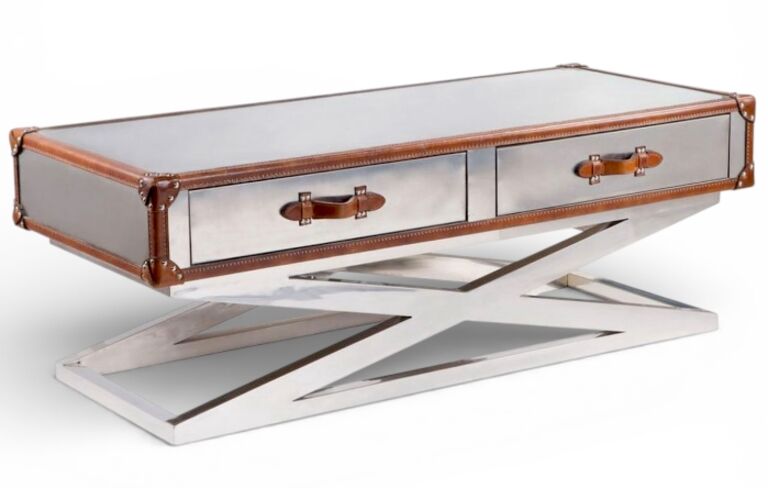 Eulalia Modern Trunk Coffee Table with Drawers – Leather & Metal X-Base Storage Table
