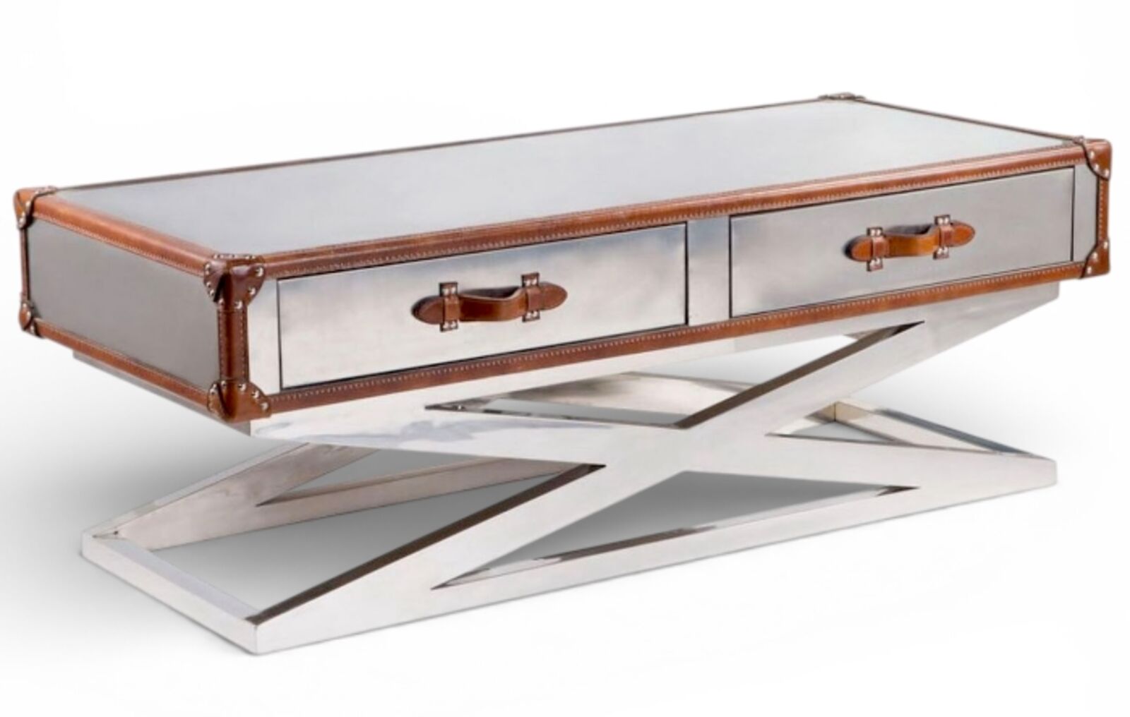 Eulalia Modern Trunk Coffee Table with Drawers Leather & Metal X-Base Storage Table