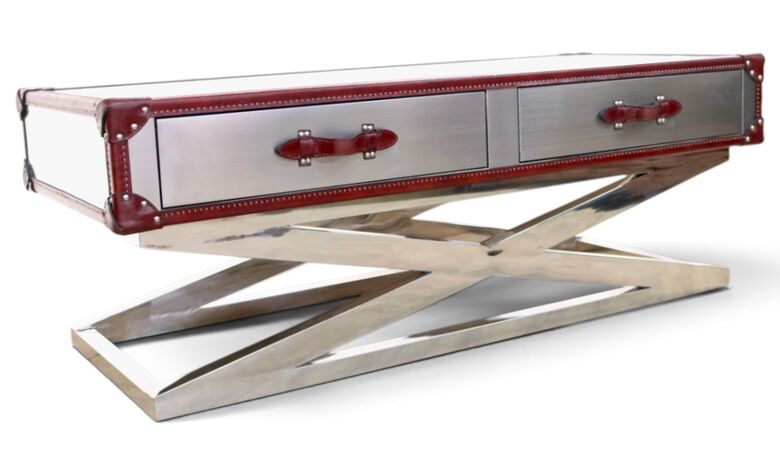 Eulalia Modern Trunk Coffee Table with Drawers – Red Leather & Metal X-Base Storage Table