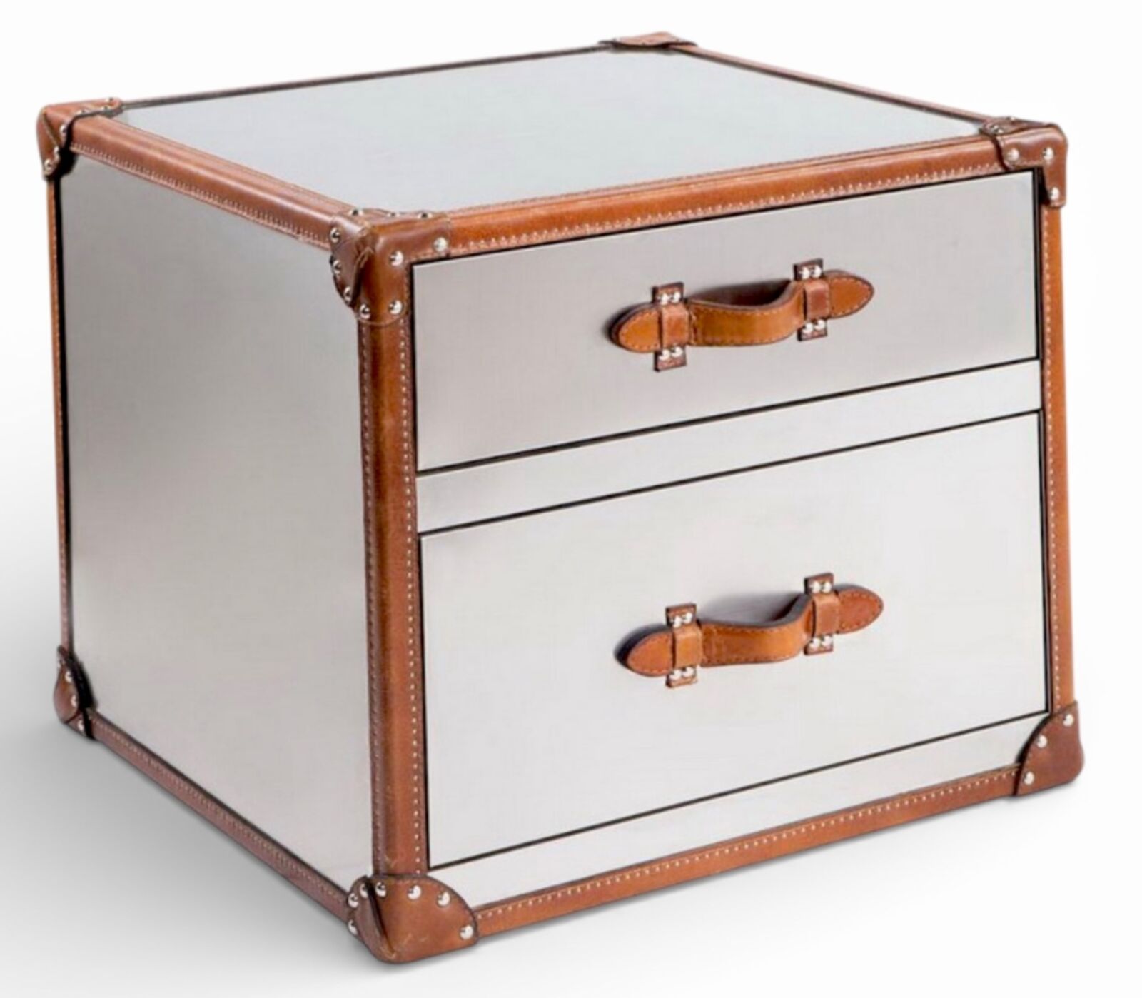 Eulalia Trunk Style 2 Drawer Chest Leather Accent Storage Cabinet Travel Inspired Side Table