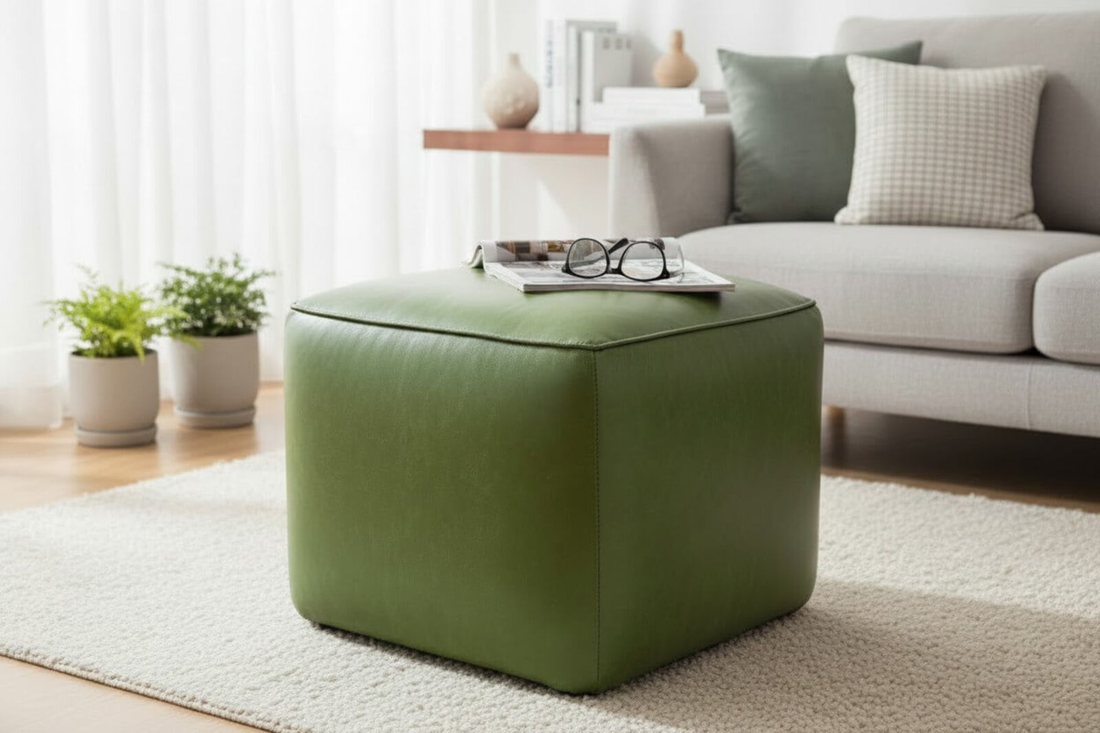 Footstool Pouffe Olive Green Leather