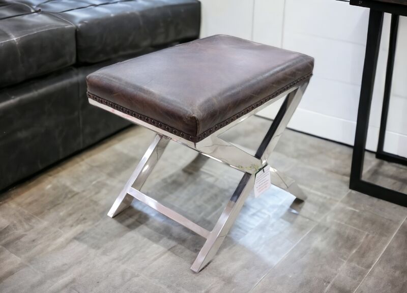 Product photograph of Distressed Tobacco Brown Leather Metal Cross Footstool Ottoman from Designer Sofas 4U