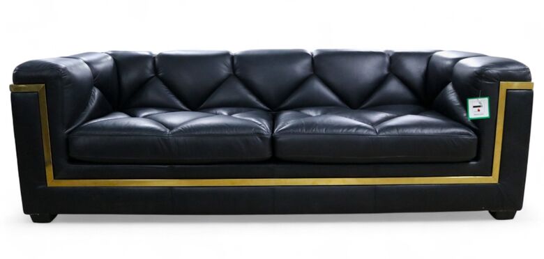 Gatsby 3-Seater Black Distressed Leather Sofa with Gold Trim – Modern Luxury
