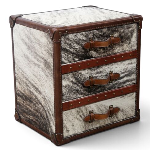 Hair On Hide Leather 3 Drawer Bedside Cabinet