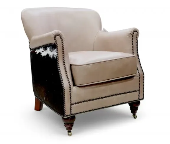 Vintage Mushroom Leather & Cowhide Tub Chair | Rustic Western Accent Armchair