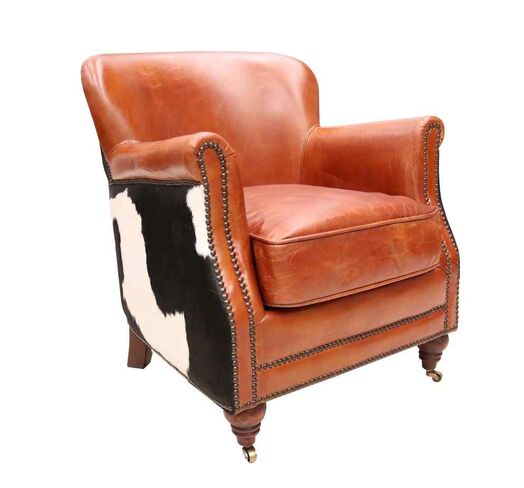 Vintage Tan Leather & Cowhide Tub Chair | Rustic Western Accent Armchair