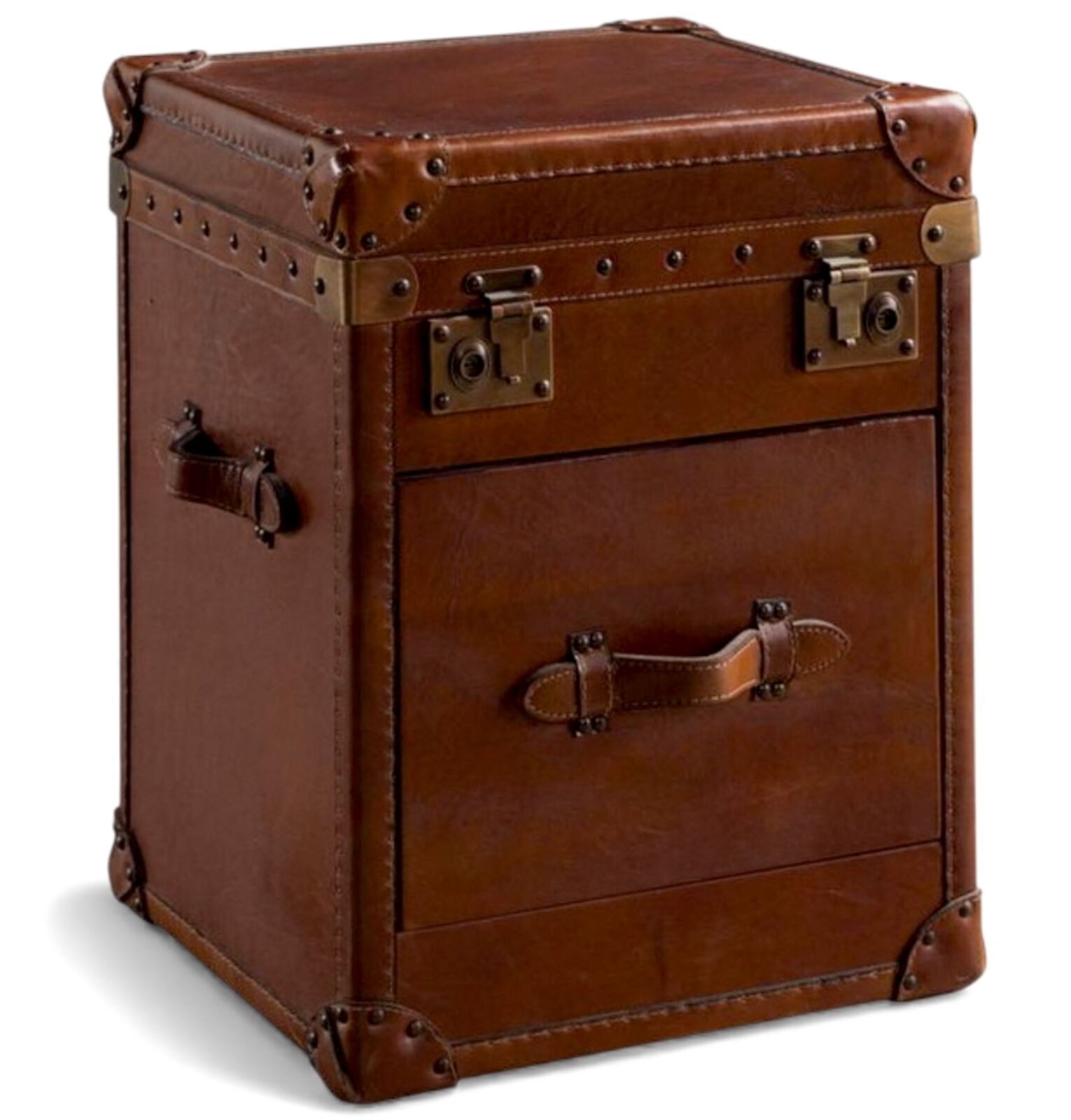 Handcrafted Leather Travel Trunk Cabinet Retro Storage Box with Drawer