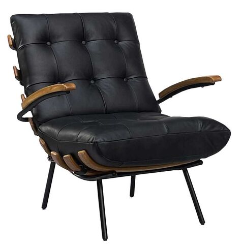 Horley Vintage Leather Lounge Chair – Black Tufted Armchair with Wooden Accents