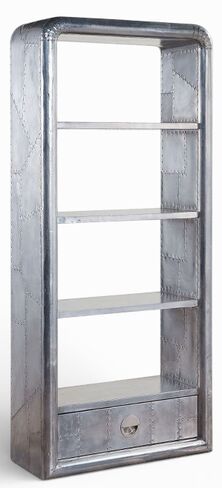 Industrial Aviator Aluminium Bookshelf – Riveted Metal Display Shelf Unit with Drawer