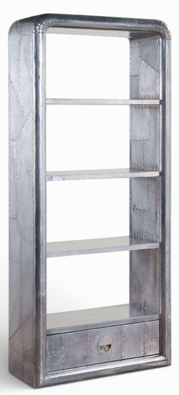 Industrial Aviator Aluminium Bookshelf Riveted Metal Display Shelf Unit with Drawer