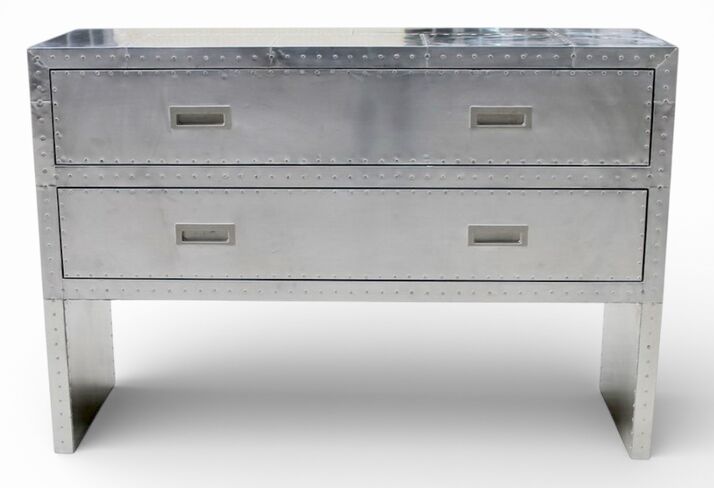 Industrial Aviator Aluminium Console Table / Desk – Riveted Metal, 2 Drawers