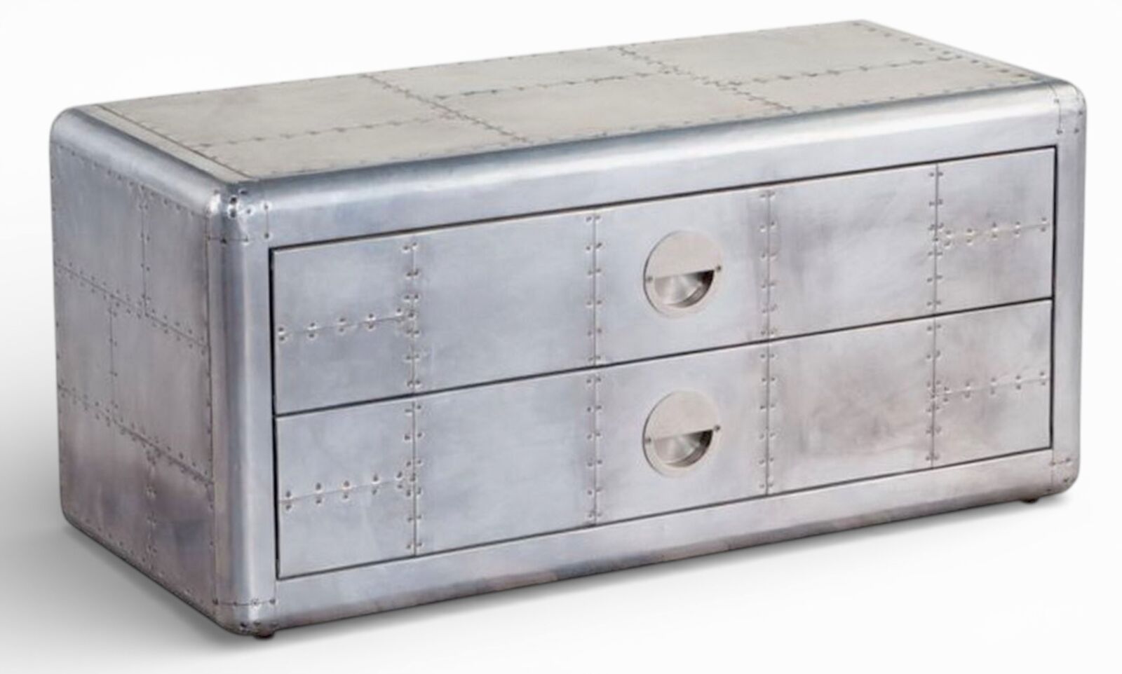 Industrial Aviator Aluminium Rivet Console Table 2 Drawer Metal Media Cabinet