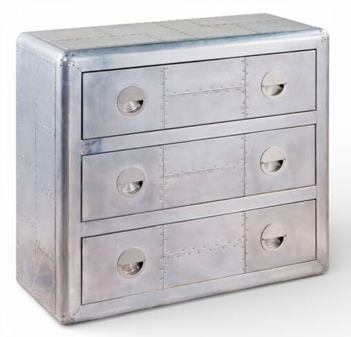 Industrial Aviator Aluminium 3 Drawer Dresser – Riveted Aircraft Style Metal Chest, Modern Loft Storage Cabinet