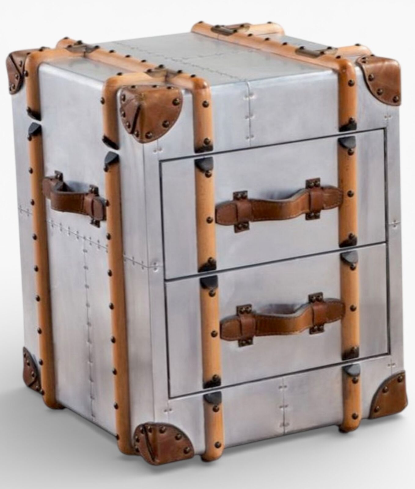 Industrial Aviator Storage Chest with Drawers Aluminium & Leather Trunk Cabinet