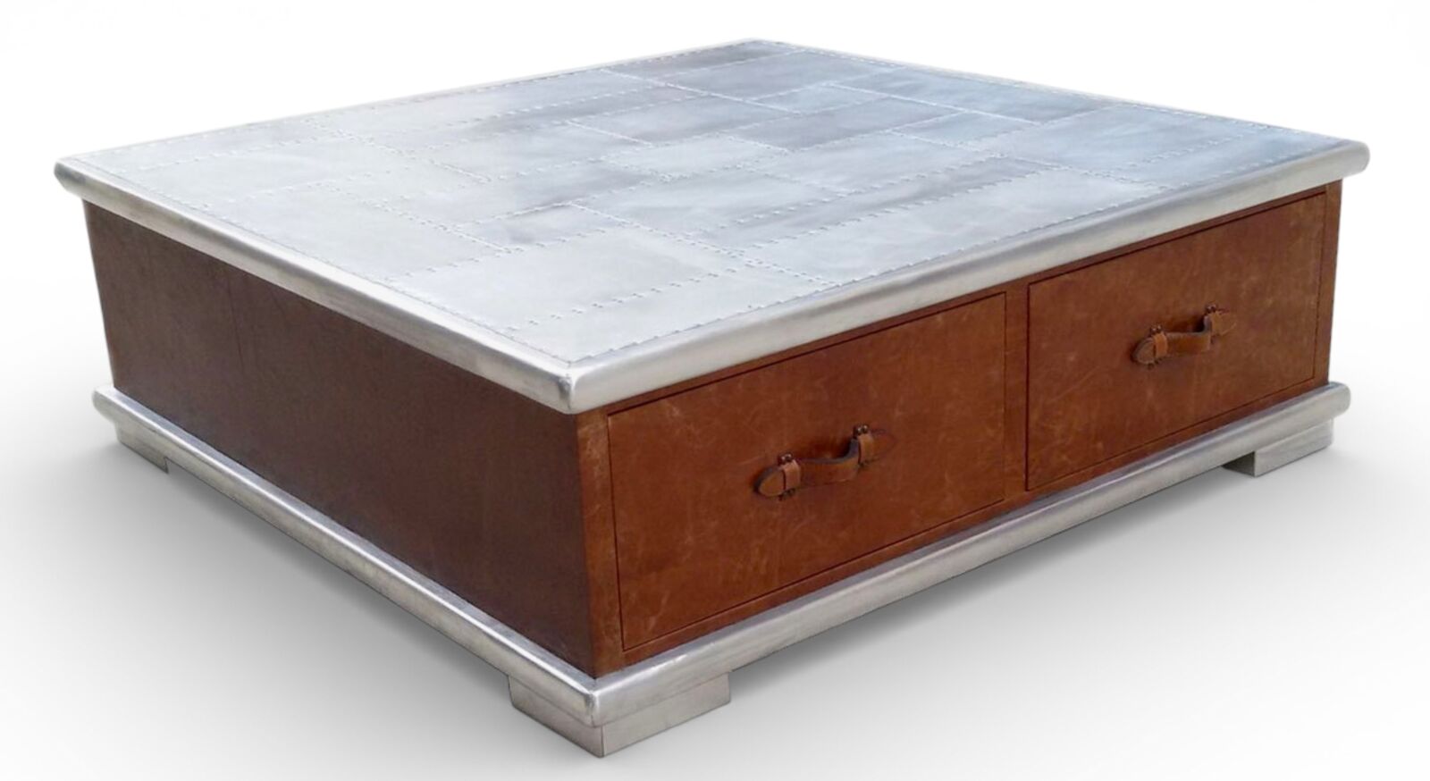Industrial Aviator Storage Coffee Table with Metal Top & Leather Pull Drawers