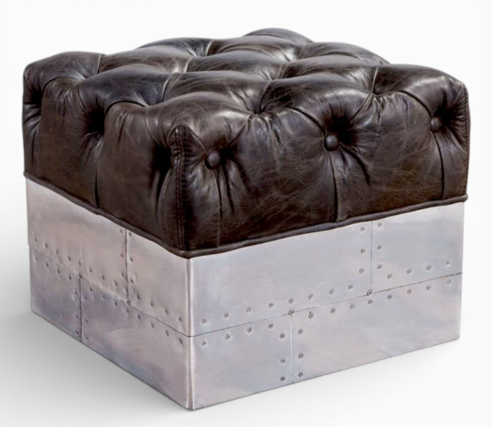 Industrial Aviator Tufted Leather Footstool Vintage Chesterfield Style