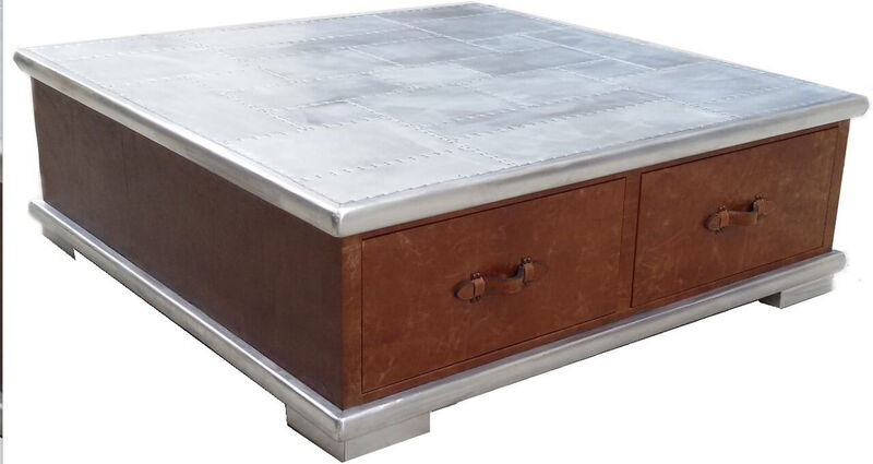 Product photograph of Large Square Aviator Leather Coffee Table from Designer Sofas 4U