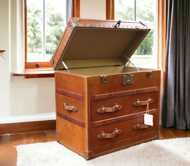 Product photograph of Large Tan Vintage Antique Leather Drawer Storage Trunk Stock from Designer Sofas 4U