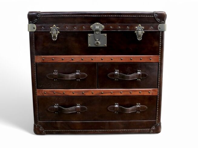 Large Tobacco Vintage Antique Leather Drawer Storage Trunk