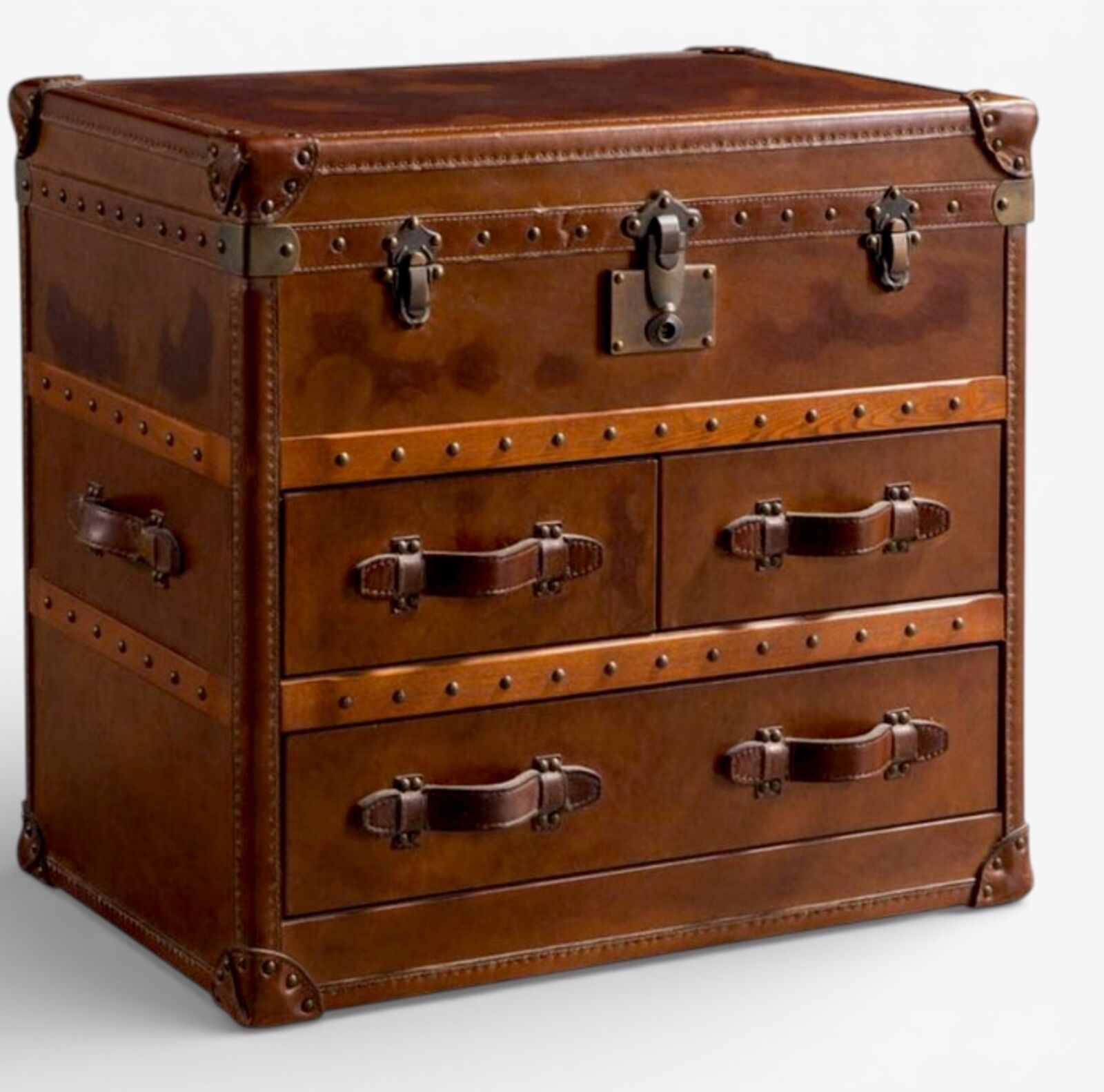 Large Vintage Antique Leather Drawer Storage Trunk