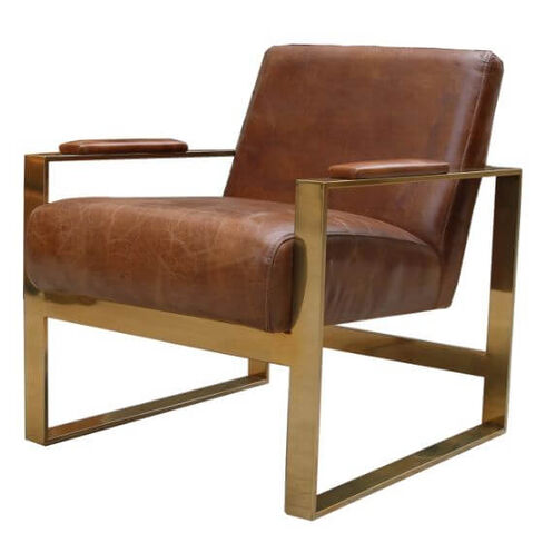 Distressed Leather and Gold Stainless Steel Armchair