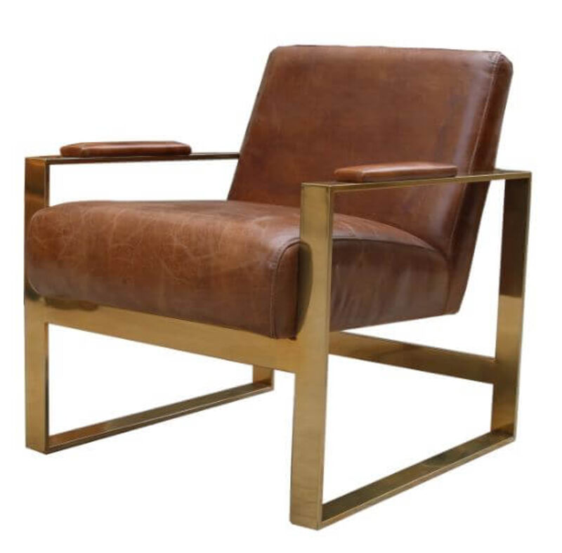 Product photograph of Distressed Leather And Gold Stainless Steel Armchair from Designer Sofas 4U