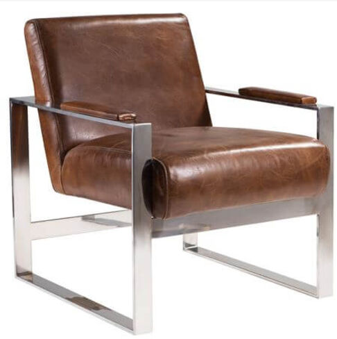 Distressed Leather and Stainless Steel Armchair