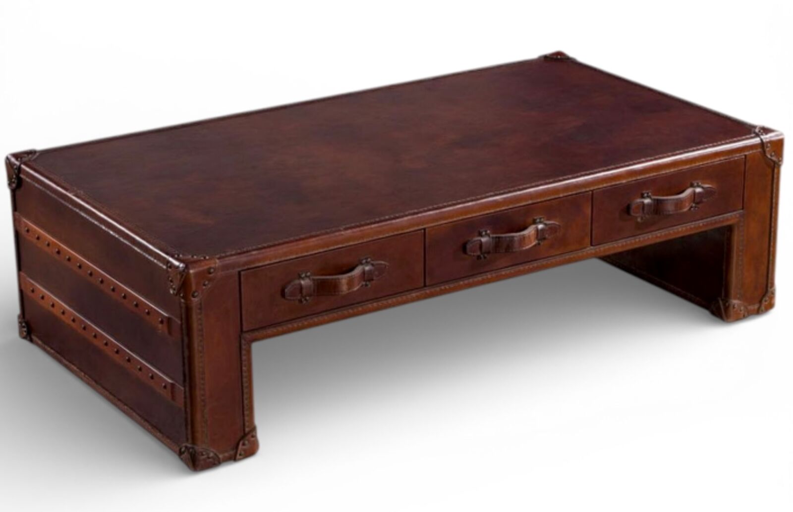 Leather Campaign Style Coffee Table Trunk with Drawers Vintage Inspired Storage Table