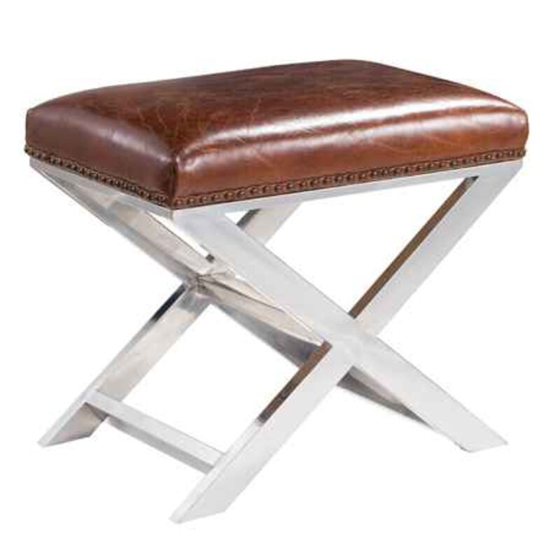 Product photograph of Distressed Leather Metal Cross Footstool Ottoman from Designer Sofas 4U