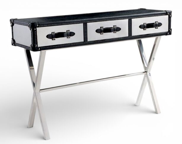 Leather Trunk Console Table with Chrome X-Frame Base and Three Drawers