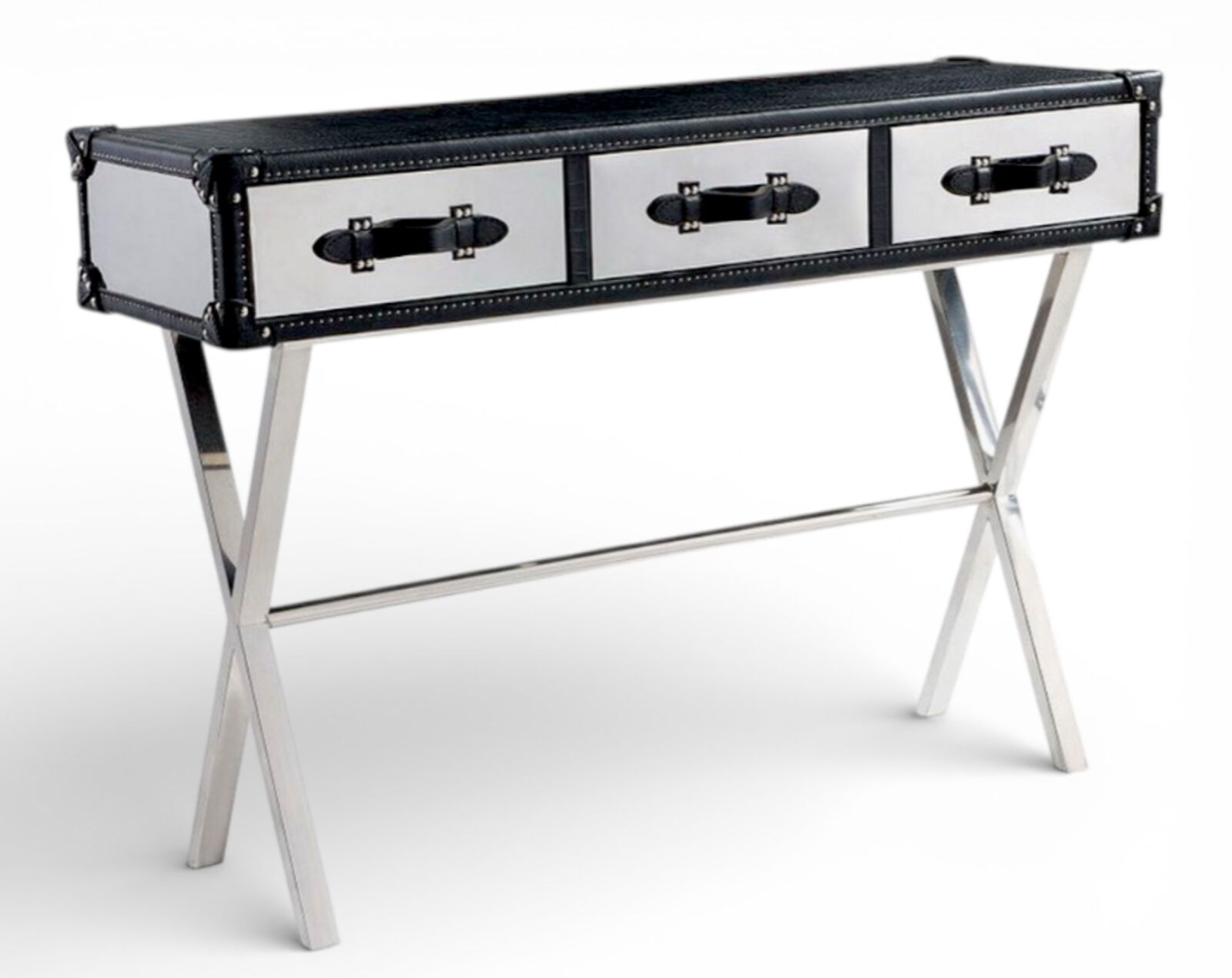 Leather Trunk Console Table with Chrome X-Frame Base and Three Drawers
