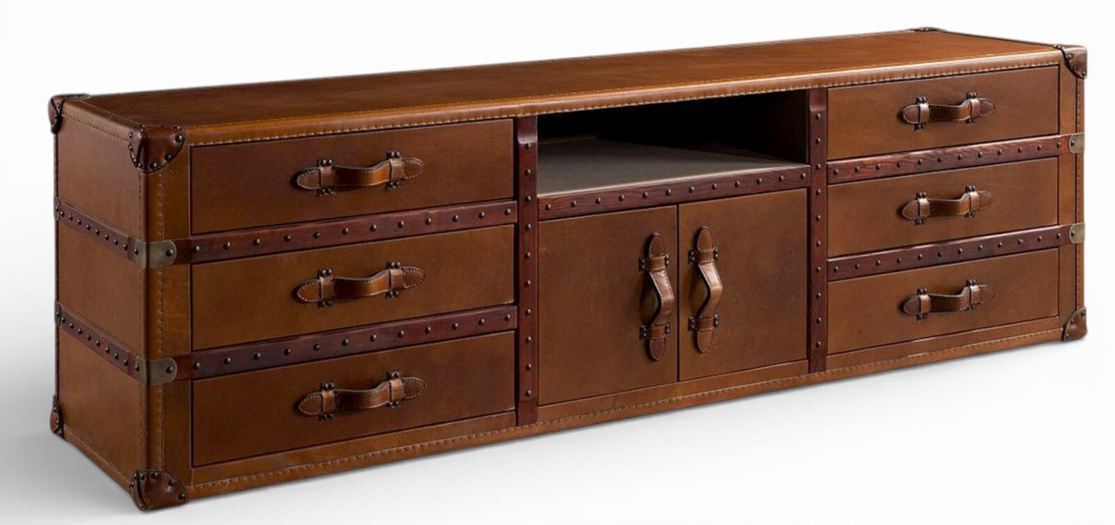 Leather Trunk TV Stand Industrial Steampunk Media Console with Drawers & Cabinet Storage