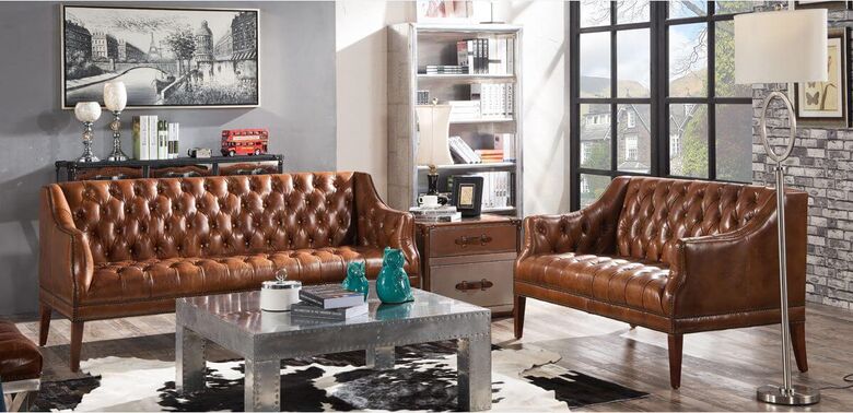 Louis Vintage Distressed Chesterfield Leather Sofa Suite