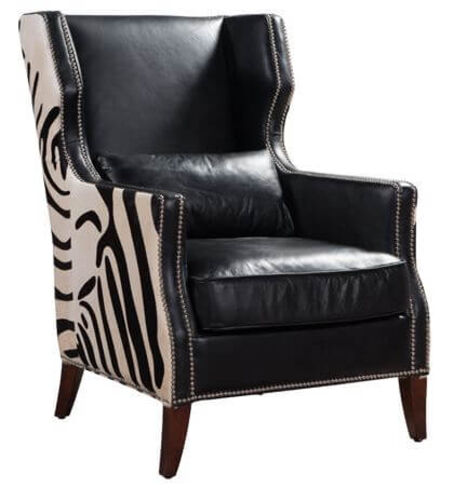 Lowry Zebra Vintage Black Distressed Leather Wing Chair