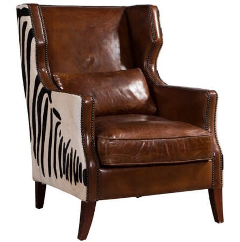 Lowry Zebra Vintage Brown Distressed Leather Wing Chair