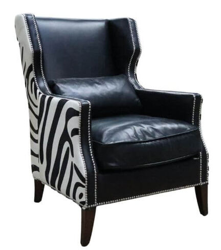 Lowry Zebra Vintage Black Distressed Leather Wing Chair