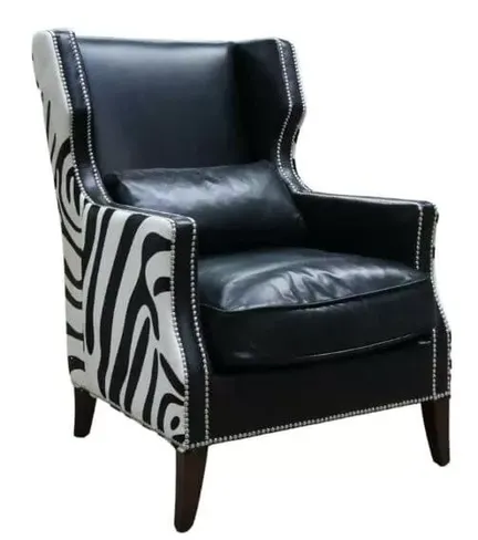 Lowry Zebra Vintage Black Distressed Leather Wing Chair