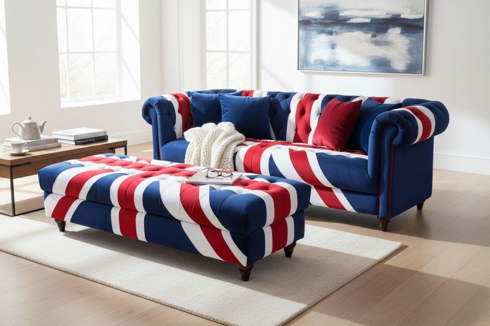 Luxurious Union Jack Velvet Bench Footstool British Flag