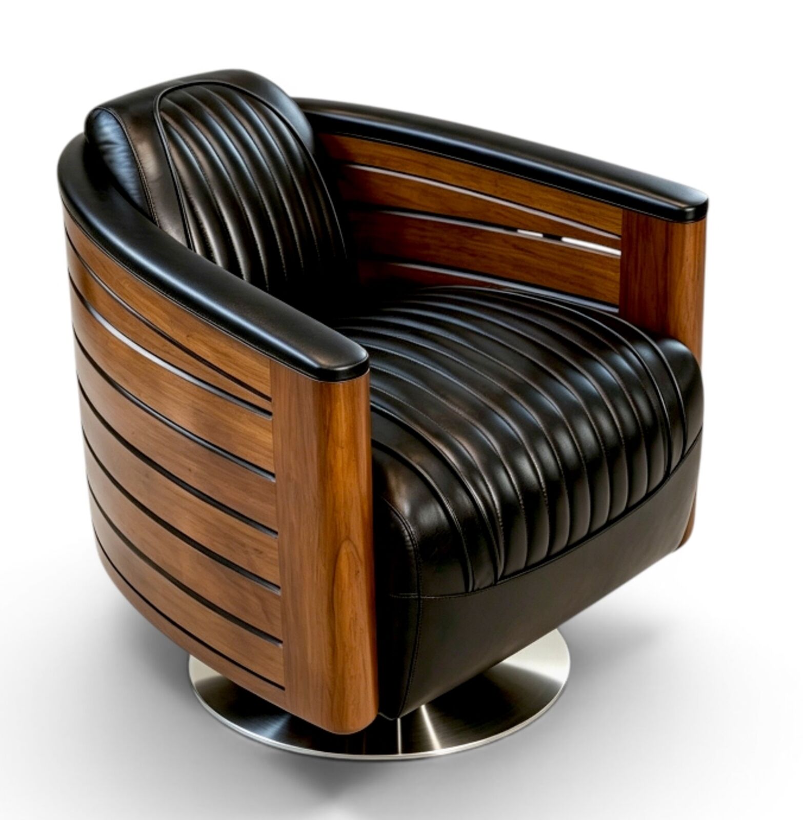 Luxury Art Deco Swivel Tub Chair - Walnut & Black Leather