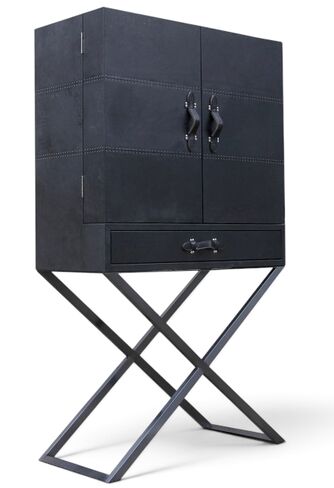 Luxury Black Leather Drinks Cabinet on X-Frame Stand – Cocktail Bar Cabinet