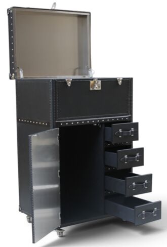 Luxury Black Steamer Trunk Drinks Cabinet on Wheels – Cocktail Bar with Drawers