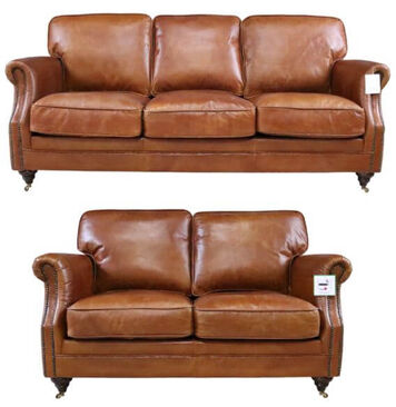 Luxury High Back Vintage Distressed Leather 3+2 Seater Settee Sofa Suite Tan