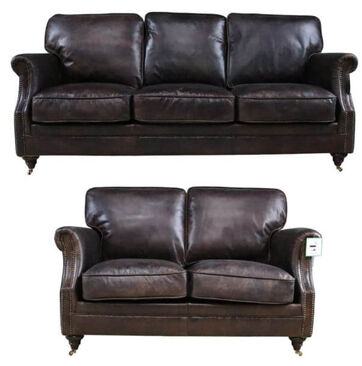 Luxury High Back Vintage Distressed Leather 3+2 Seater Settee Sofa Suite Tobacco Brown